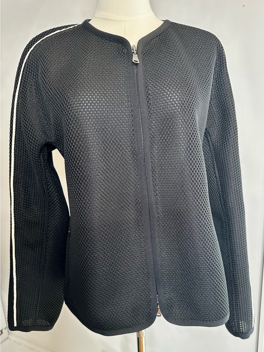 Escada for Neiman Marcus Black Mesh Zip Jacket White Piping Size 40